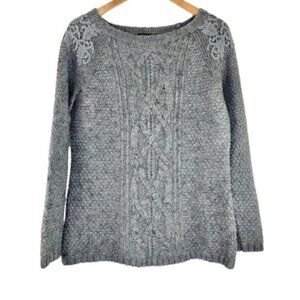 Talbots Grey Cableknit Pullover Sweater with Embroidered Shoulder Details